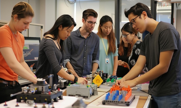 a group of people working on a robot