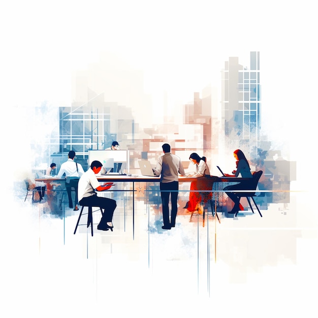 a group of people working at a table with a city in the background