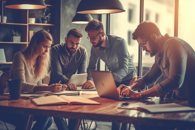 A group of people working at a table with a laptop.