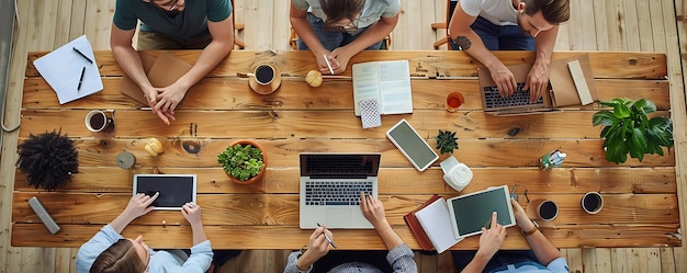 Group of People Working at a Wooden Table Illustration