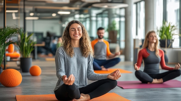 Photo a group of people in a yoga class are sitting on a mat and one of them is wearing a grey shirt