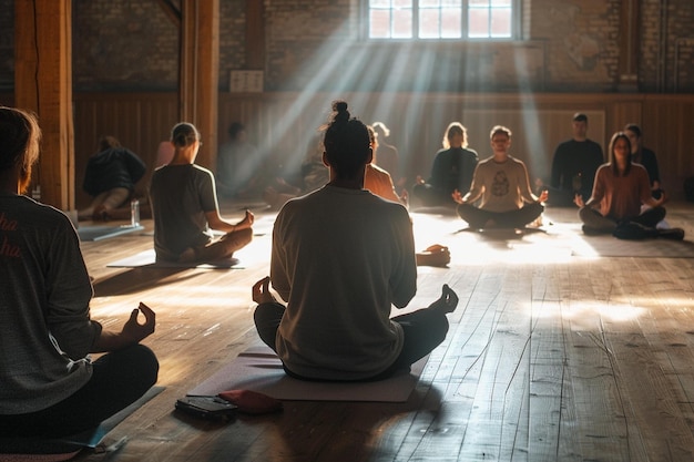 a group of people in a yoga class are sitting on a wooden floor