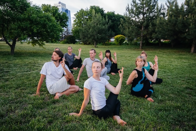 A group of people do yoga in the Park at sunset