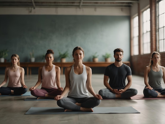 Photo a group of people in yoga poses with one of them wearing white tank tops