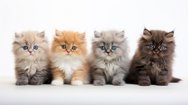 Group of persian cats in a row with isolated white background