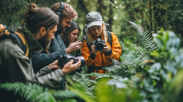 Photo group of photographers exploring a lush forest