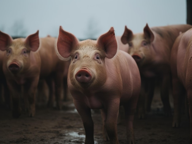 Group of pigs in farm yard generative ai