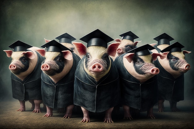 Group of pigs wearing graduation caps and gowns Generative AI