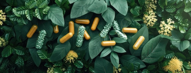 Group of Pills Resting on Green Leaves