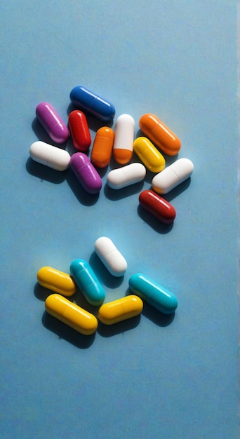 a group of pills that are on a blue table