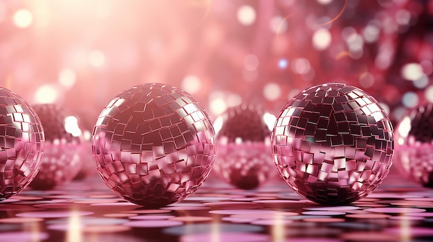 A group of pink disco balls on a pink background.