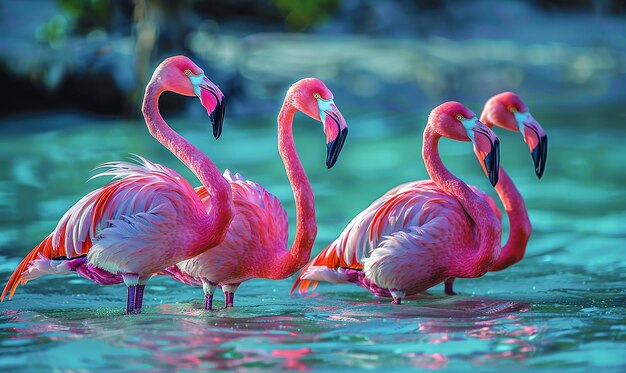 Photo a group of pink flamingos are standing in the water