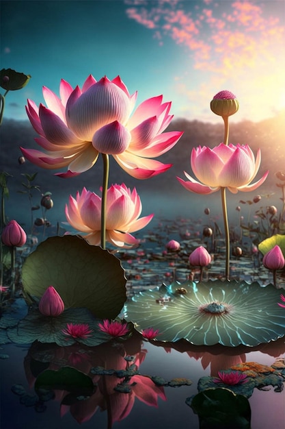 Group of pink flowers sitting on top of a body of water generative ai