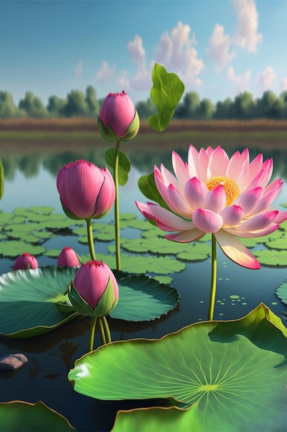 Group of pink flowers sitting on top of a body of water generative ai