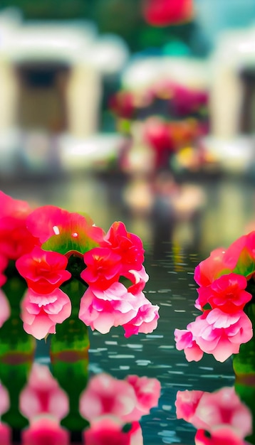 Group of pink flowers sitting on top of a body of water generative ai