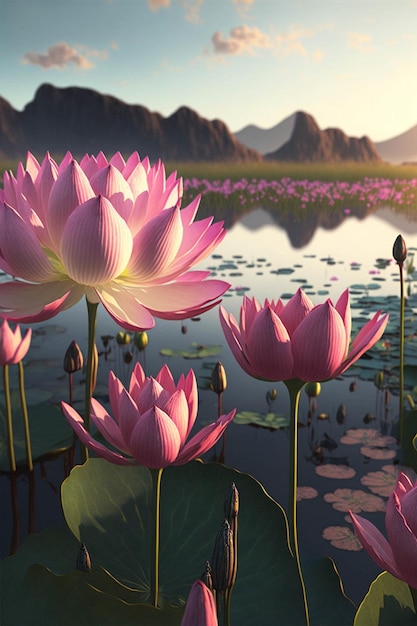 Group of pink flowers sitting on top of a lake generative ai