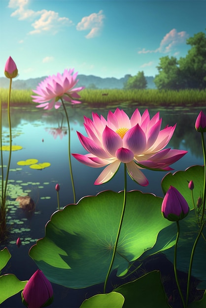 Group of pink flowers sitting on top of a lake generative ai