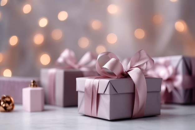 A group of pink gift boxes with a pink ribbon and the words " christmas " on the top.