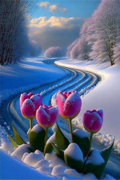 Group of pink tulips sitting on top of snow covered ground generative ai