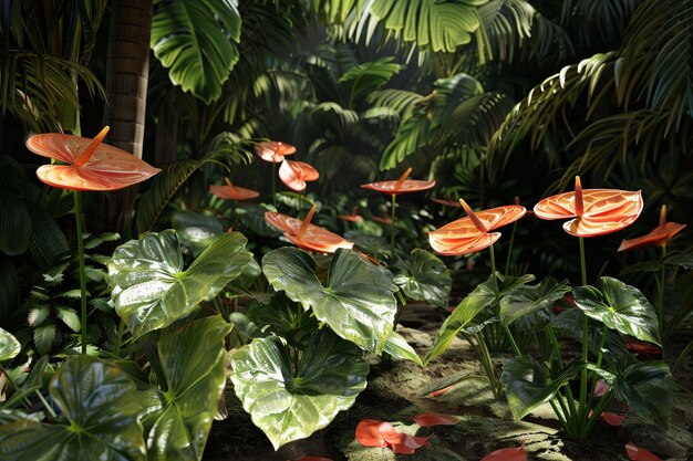 Photo a group of plants with red leaves and orange flowers