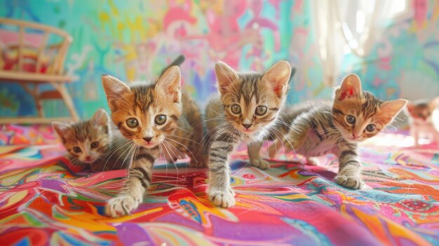 A group of playful kittens tumbling over each other on a vibrant patterned rug in a cheerful colorful nursery room