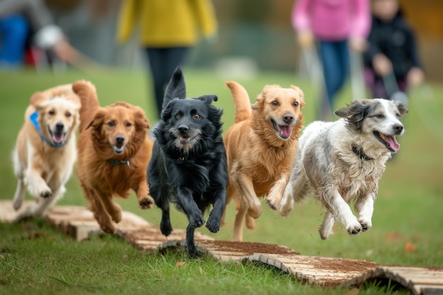 A group of playful senior dogs participating in a dog agility course demonstrating their fitness