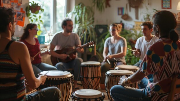 Photo group playing drums and guitar in home