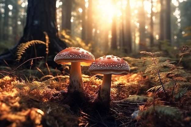 Group of poisonous inedible mushroom fly agaric in forest on sunny summer day Generative AI illustration