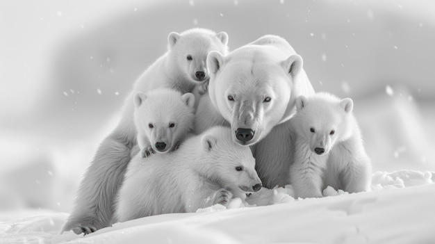 Photo a group of polar bears in a snowy environment an adult polar bear with cubs grouped around it