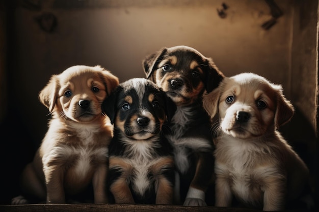 Group portrait of adorable puppies closeup photography Illustration Generative AI