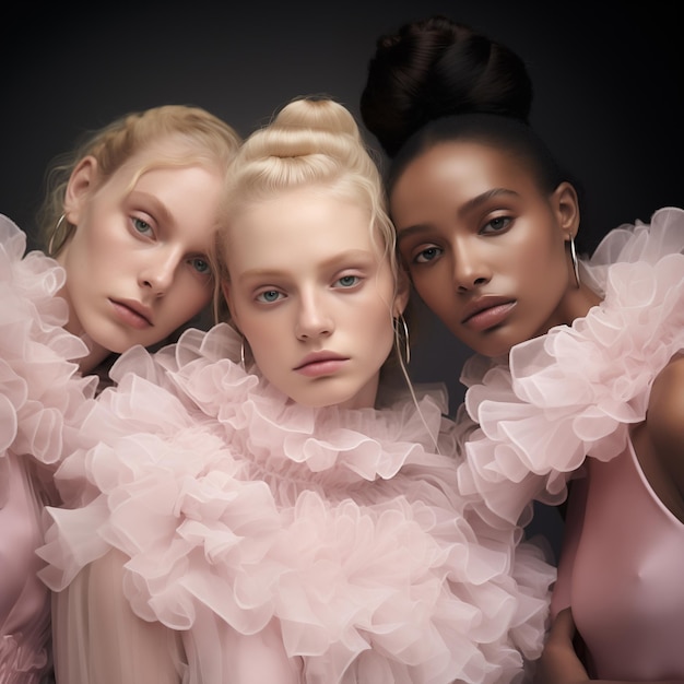 Group portrait of beautiful women in fancy dresses inspired by fashion photography