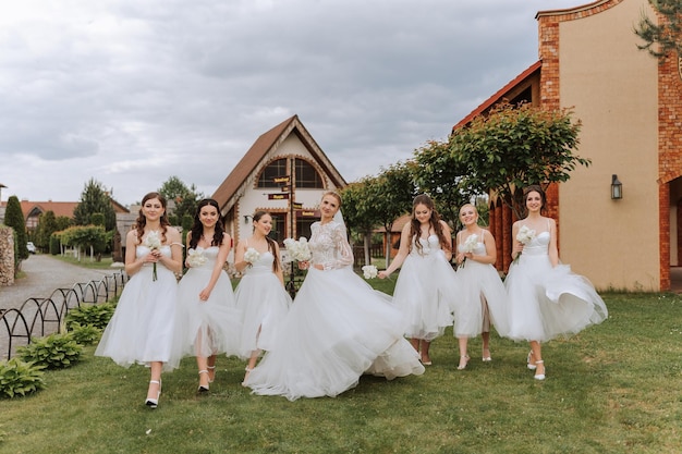 Group portrait of bride and bridesmaids Wedding Bride in wedding dress and bridesmaids