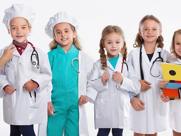 Photo group portrait of children dressed as doctors the question of career guidance