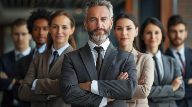 Group portrait of a confident and diverse business team in formal attire led by a grayhaired man in front