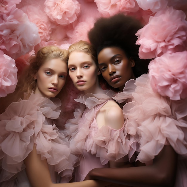 Group portrait of stunning women in fancy dresses captured in the style of fashion photography