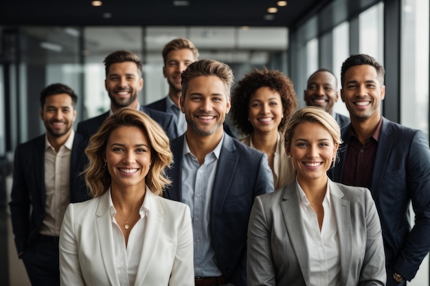 Group Portrait of successful smiling businessmen multi ethnic business team standing and looking at camera