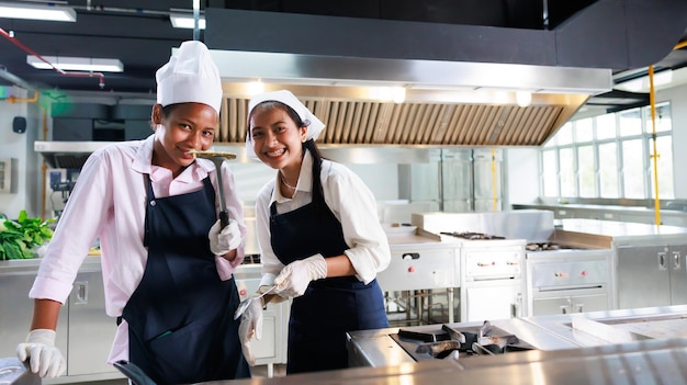 Group portrait young wman cooking student Cooking class culinary classroom group of happy young woman multi ethnic students are focusing on cooking lessons in a cooking school