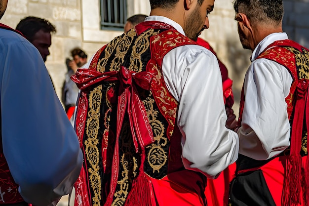 Photo a group of portuguese men dressed in traditional garments celebrating their unique cultural identity