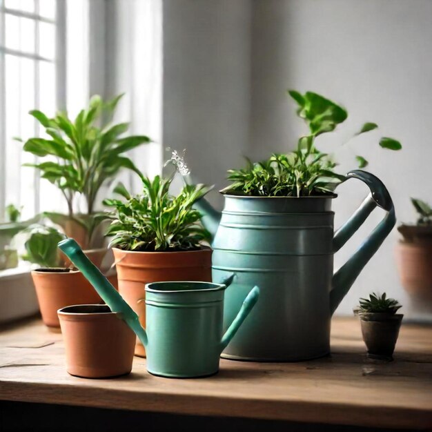 Photo a group of potted plants sit on a table next to a window