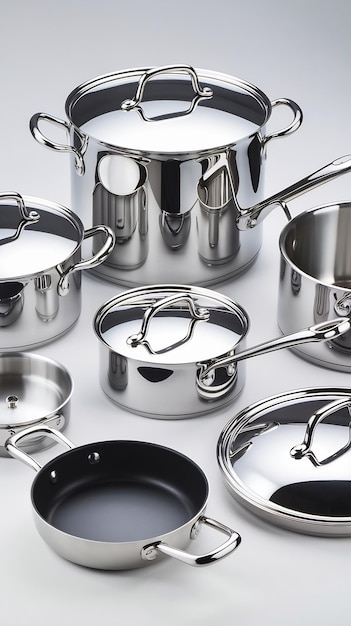 Group of premium stnless steel pots and pans isolated on a white background