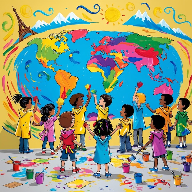 A Group of Preschool Kids Painting a Map of the World on a Wall