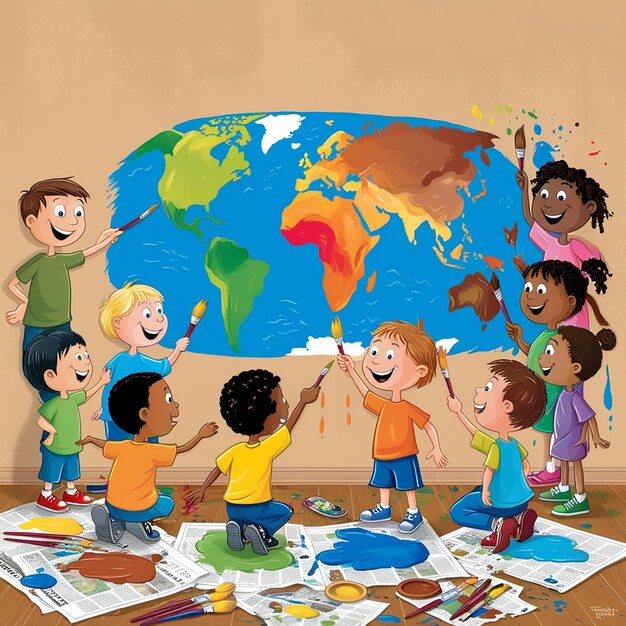 Photo a group of preschool kids painting a map of the world on a wall