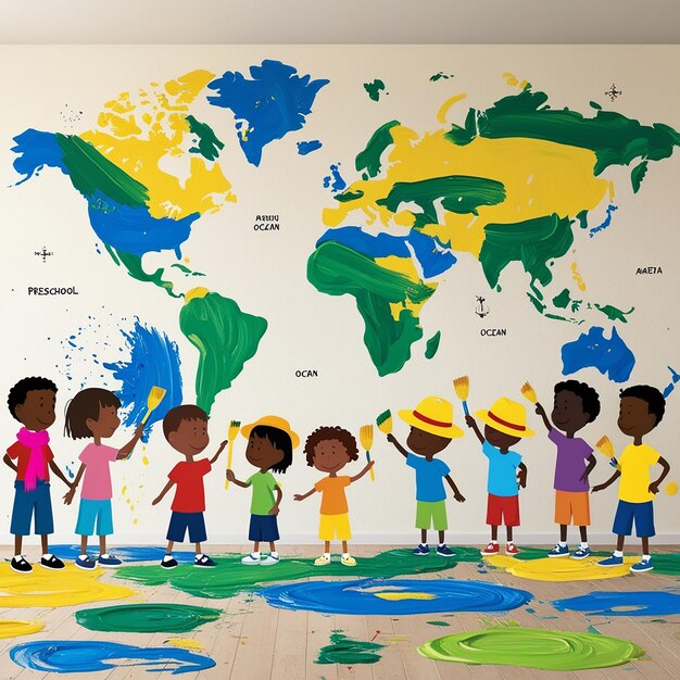 Photo a group of preschool kids painting a map of the world on a wall