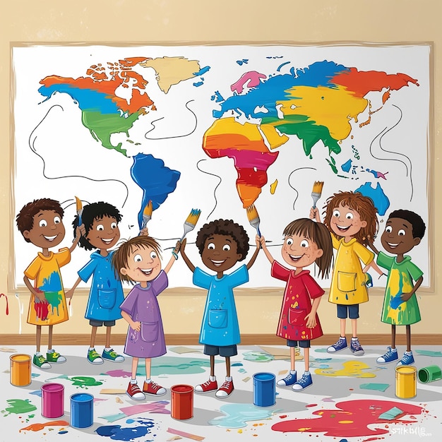 A Group of Preschool Kids Painting a Map of the World on a Wall