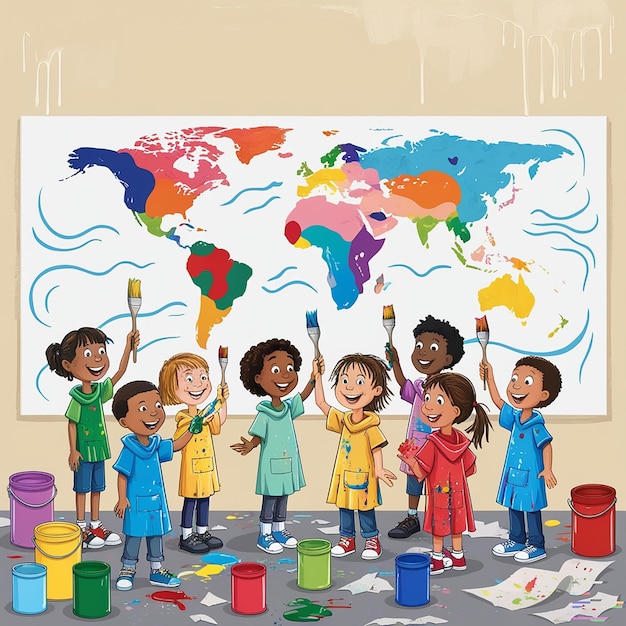 A Group of Preschool Kids Painting a Map of the World on a Wall