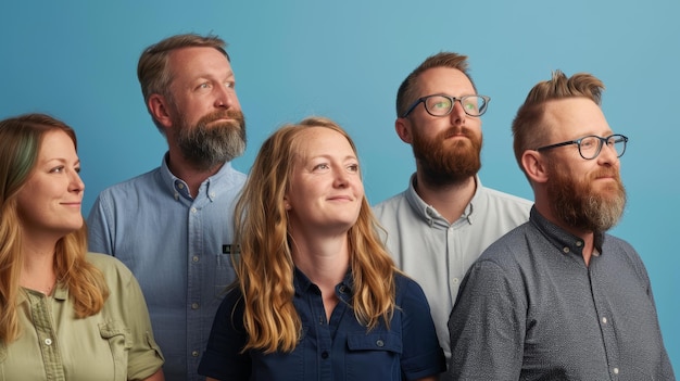 Group of professional colleagues in casual wear against blue background Studio team portrait concept