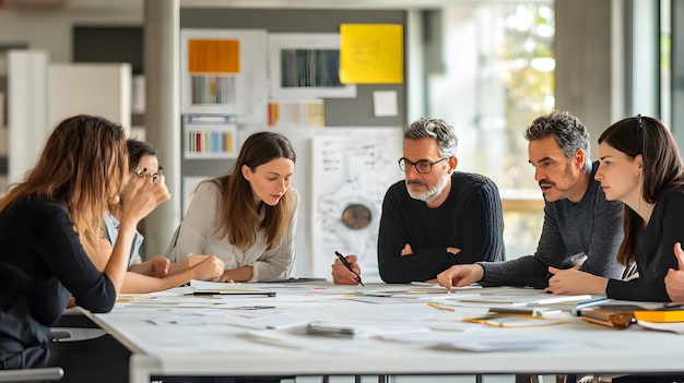 Group of Professionals Collaborating Over Spread Out Papers and Designs