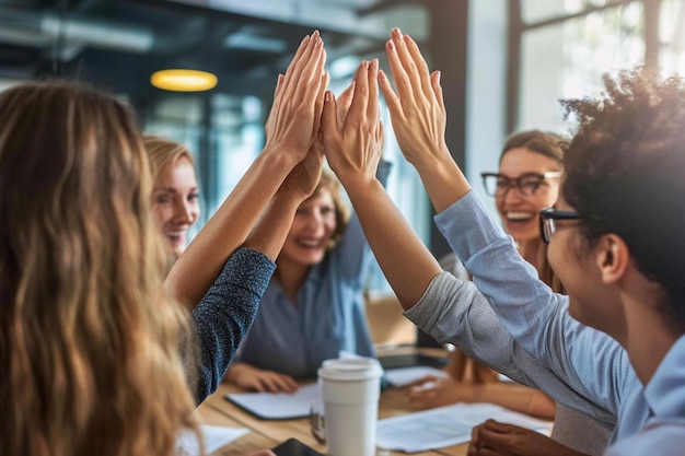 Group of professionals highfiving after completing