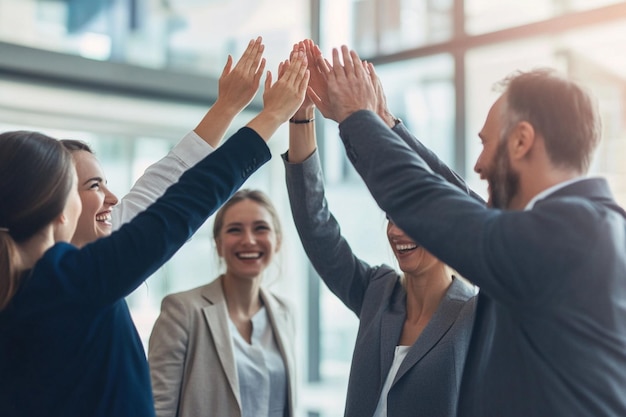 Photo group of professionals highfiving after a successf