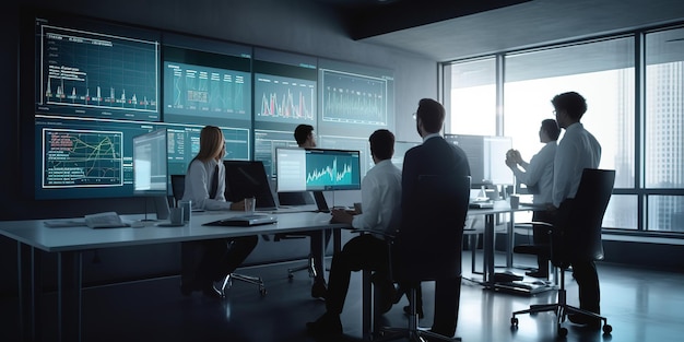 a group of professionals is gathered in a spacious office room intently studying a market chart